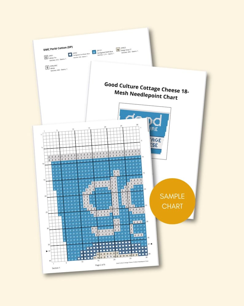 May include: A collection of needlepoint charts and a sample chart. The main chart features a blue and white design with the words "Good Culture Cottage Cheese" and "18-Mesh Needlepoint Chart". A sample chart is also included.