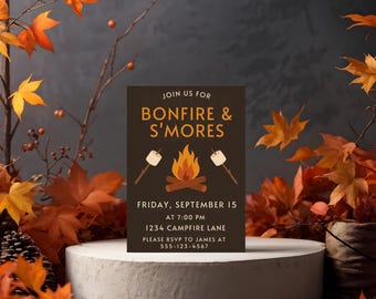Bonfire and S'mores Party Invitation | Editable Canva Template | Fall Backyard Bash | Printable Autumn Invite | Fireside Birthday