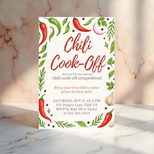 May include: A rectangular invitation for a chili cook-off, featuring the words "Chili Cook-Off" in red script. The design includes illustrations of red chili peppers, green peppers, garlic, and herbs. The invitation provides event details.