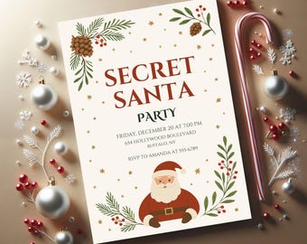 May include: A Christmas-themed Secret Santa party invitation featuring a Santa Claus illustration, festive decorations, and a candy cane. The invitation includes the date, time, and location details.
