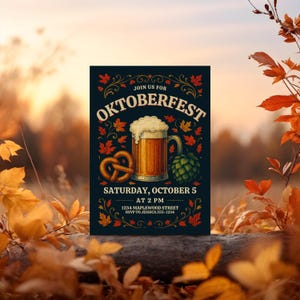 Vintage Oktoberfest Invitation, German Beer Festival Party Invite, Rustic Pretzel & Beer Mug Oktoberfest Flyer, 5x7 Editable Fall Invite