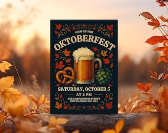 May include: Oktoberfest invitation on a dark blue background with fall foliage. The design features a beer stein, pretzel, and hop. Text reads "Join us for Oktoberfest, Saturday, October 5 at 2 PM, 1234 Maplewood Street, RSVP to Jessica 555-1234."