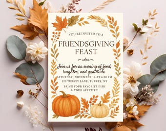 Puede incluir: Una invitación a una fiesta de Friendsgiving, con una tarjeta color crema con texto e ilustraciones. La tarjeta está rodeada de follaje otoñal, incluyendo calabazas naranjas, hojas y flores blancas. El texto dice: "You're invited to a Friendsgiving Feast."