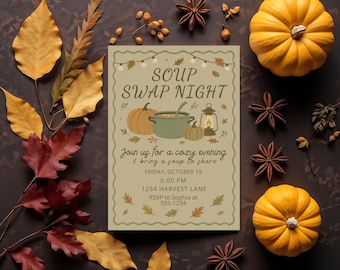 Faire-part d'échange de soupe : faire-part de fête des récoltes d'automne rustique (imprimable 5 x 7)