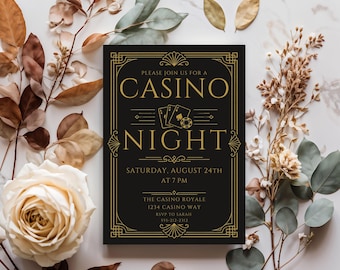 Invitation d'anniversaire casino vintage des années 1920 5 x 7 - élégante soirée casino - modèle de toile imprimable et modifiable - design de casino fleuri