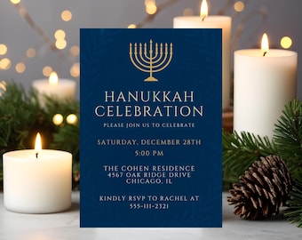 Hanukkah Invitation, Jewish Holiday Party Invite, Menorah Celebration Card, Festival of Lights Printable Template, Editable Canva Download
