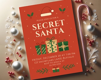 May include: A Christmas-themed Secret Santa invitation on a red background, with a Santa hat, gift boxes, and festive decorations. The invitation reads "SECRET SANTA" and includes event details. Ornaments and a candy cane surround the invitation.