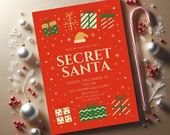 May include: A festive red Secret Santa invitation featuring gift illustrations, a Santa hat, and snowflakes. The invitation text reads "You're invited to a Secret Santa" with event details. A candy cane and baubles complete the holiday theme.
