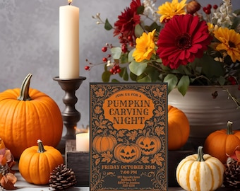 May include: A Halloween-themed still life featuring pumpkins, flowers, candles, and a decorative invitation. The invitation reads "Join us for a Pumpkin Carving Night" with the date and time. The pumpkins vary in size and shape, with a mix of orange and white gourds.