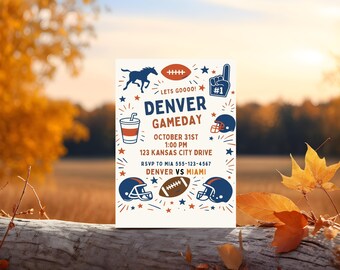 Inbjudan till Denver Gameday-fest | Redigerbar Canva-mall | Tailgate- eller fotbollsfest | Ändra lagnamn | Utskrivbar sportinbjudan