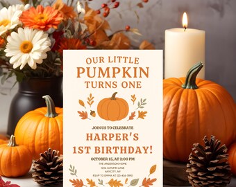 Invitación de cumpleaños de calabaza / Invitación a fiesta de cumpleaños de otoño / Plantilla Canva editable de 5x7 / Evento de cosecha de otoño / Descarga digital imprimible