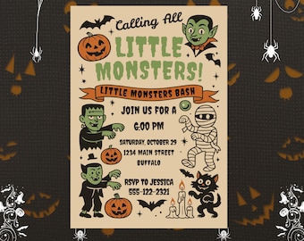Vintage Calling All Little Monsters Halloween Invite | 5x7 Editable Canva Template | Retro Kids Costume Party | Digital Download Invitation