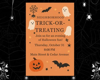 Pode incluir: Um folheto laranja com tema de Halloween com o texto "Neighborhood Trick-or-Treating". O design apresenta fantasmas, morcegos, estrelas, uma teia de aranha e uma abóbora. O evento é em 31 de outubro às 20h00.