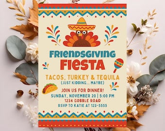 Friendsgiving Fiesta Invitation | Tacos Turkey Tequila Party Invite | Fun Thanksgiving Friends Party Printable 5x7 Editable Template