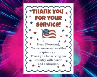 May include: A patriotic card with the text "THANK YOU FOR YOUR SERVICE!" in brown letters, surrounded by red and blue stars. An American flag is featured in the center. The card expresses gratitude to veterans for their service.