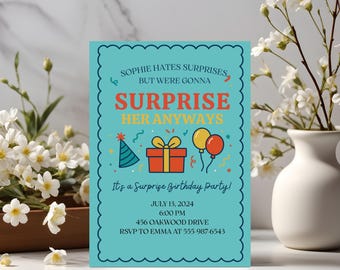 Surprise Birthday Party Invitation | Editable Canva Template | Printable 5x7 Digital Download | Fun Surprise Birthday invite