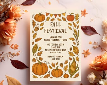 Invitación al Festival de Otoño, Invitación a la Fiesta de la Cosecha de Otoño, Volante del Festival de la Calabaza, el Maíz y la Manzana, Invitación Imprimible y Editable de 5x7 para Feria de Otoño Rústica