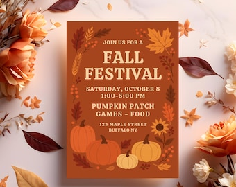 Fall Festival Invitation, Autumn Harvest Party Invite, Pumpkin Corn Apple Festival Flyer, Rustic Fall Fair Printable 5x7 Editable Invite