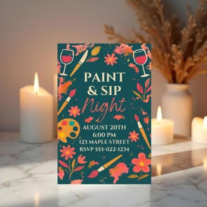 Paint and Sip Invitation | Editable Canva Template | Girls Night Out Party Invite | 5x7 Printable Wine & Art Digital Download