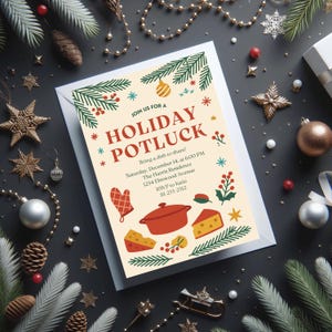 May include: A festive holiday potluck invitation with text, surrounded by Christmas decorations. The invitation features a cream background with red, green, and yellow illustrations. The text reads "Join us for a Holiday Potluck".