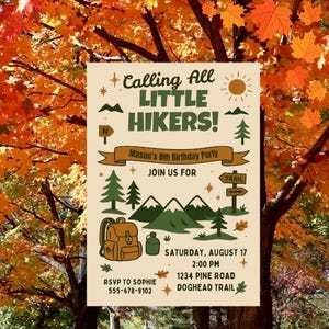 Invitación de cumpleaños para pequeños excursionistas con etiquetas de regalo, adornos para tartas y cartel de bienvenida / Invitación a fiesta de camping / Tema de aventura al aire libre retro