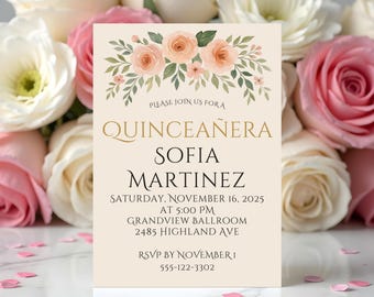 Zaproszenie na Quinceanerę | Edytowalny szablon Canva 5x7 | Zaproszenie do druku Mis Quince | Elegancki Sweet 15 do pobrania cyfrowego