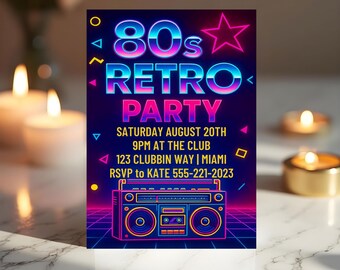 Editable 1980s Party Invitation | 80s Theme Printable Invite | Retro Neon Disco Night | Instant Download Canva Template | 5x7 PDF