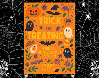 May include: Orange Halloween invitation with a jack-o'-lantern, ghosts, a witch's hat, and the words "Trick or Treating." The invitation includes the date, time, and location: Friday, October 31st, 5:00 PM, 1234 Spooky Lane. RSVP to Jessica.