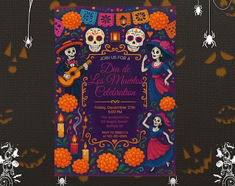 May include: A Dia de Los Muertos celebration invitation with a purple background. The invitation features illustrations of skeletons, marigolds, and decorative banners. Text includes "Join us for a Dia de Los Muertos Celebration" and event details.