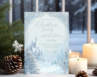 Winter Wonderland Christmas Party Invitation | Elegant Blue & Silver Holiday Invite | Snow Castle Printable | Snow Birthday Invite