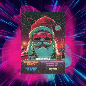May include: A retro-style Christmas party invitation featuring Santa Claus with sunglasses, a red hat, and a turquoise beard. The invitation includes the text "Christmas Party", date, time, and RSVP information. The background has a space theme.