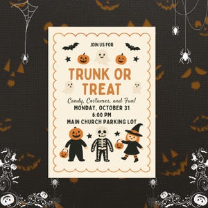 May include: A Halloween poster with a scalloped edge. The words "TRUNK OR TREAT" are central, with event details: "Candy, Costumes, and Fun!" on Monday, October 31 at 6:00 PM in the Main Church Parking Lot. Features pumpkin, ghost, bat, and star graphics.