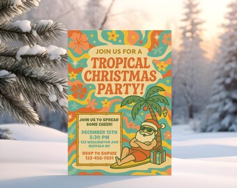 1960s Tropical Christmas Party Invitation | Retro Beach Holiday Flyer | Printable Groovy Christmas Invite | Friends Christmas Party