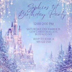 May include: A whimsical invitation for Sophie's 1st birthday party. The design features a fairytale castle in shades of purple and white, surrounded by a snowy forest. Text includes party details: date, time, and RSVP information.