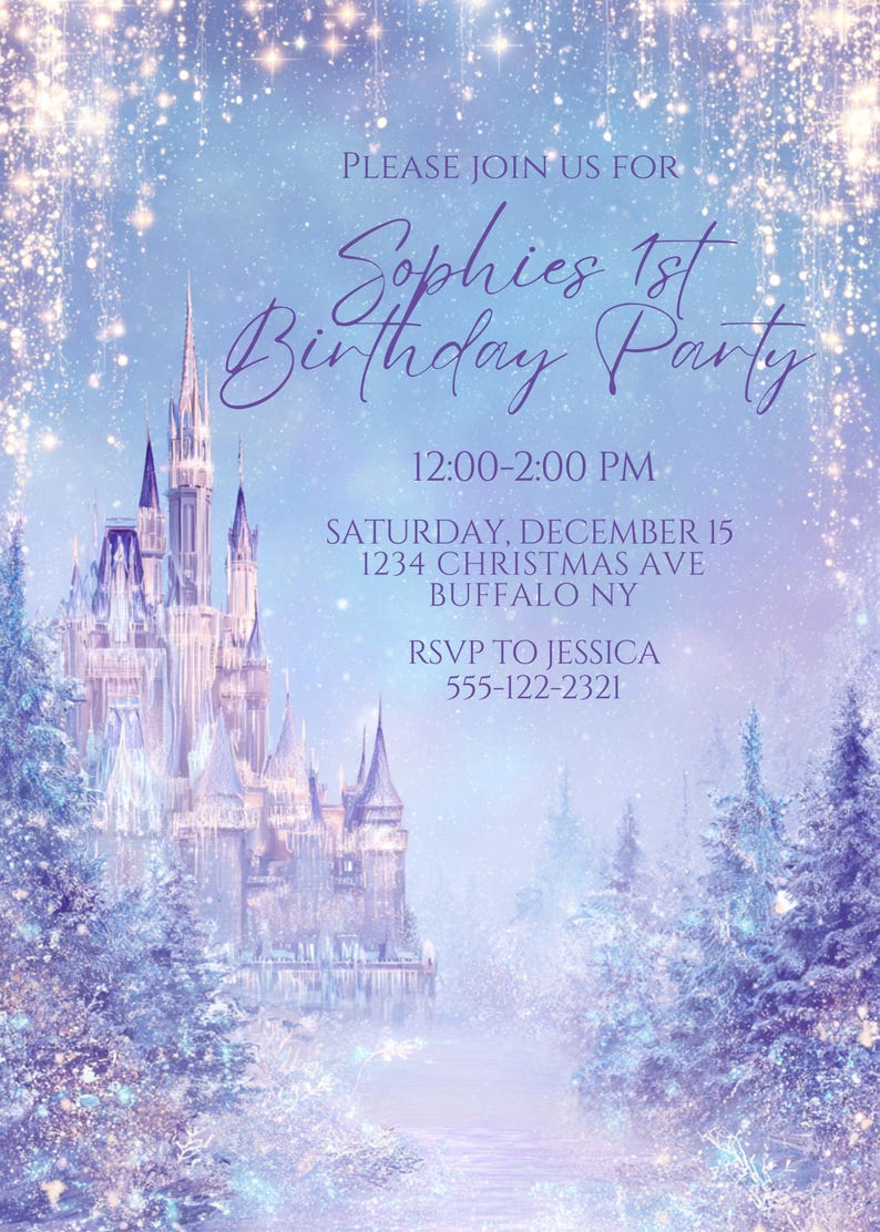 May include: A whimsical invitation for Sophie's 1st birthday party. The design features a fairytale castle in shades of purple and white, surrounded by a snowy forest. Text includes party details: date, time, and RSVP information.