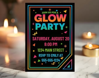 Glow Party Invitation | Neon Editable Birthday Invite | Printable Blacklight Party Template | 5x7 Canva Instant Download
