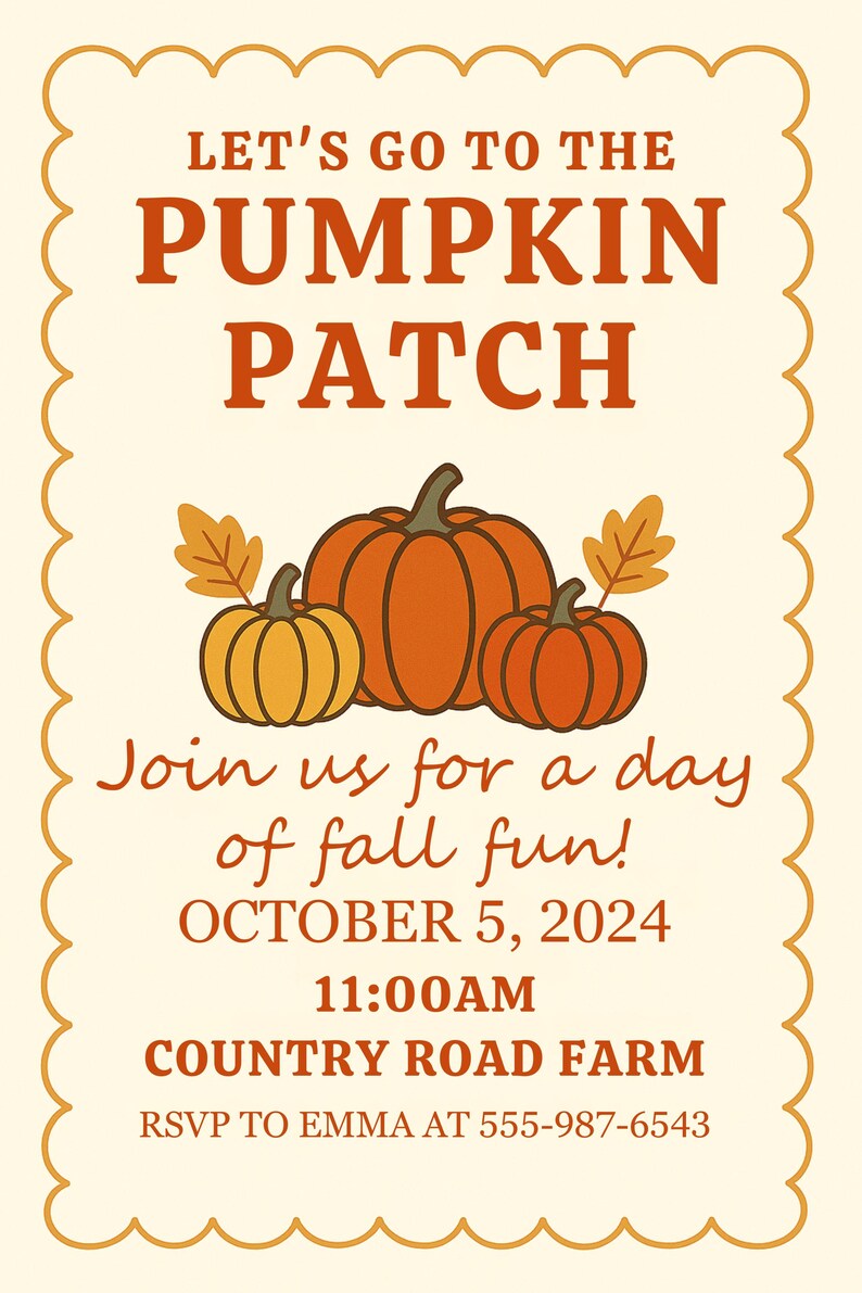 Peut inclure: Une invitation sur fond cr&egrave;me avec le texte "LET'S GO TO THE PUMPKIN PATCH" en marron. L'invitation comprend des illustrations de citrouilles et de feuilles, et la date du 5 octobre 2024. L'heure est 11h00.