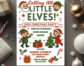 Calling All Little Elves Kidsmas Party Invitation | Retro Christmas Kids Party Invite | Editable Holiday Kids Christmas Party Card