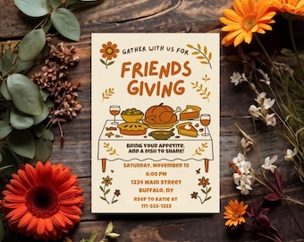 May include: An invitation for Friendsgiving with a vintage design. The invitation features a table laden with food, including a turkey and pies. The text reads "Gather with us for Friends Giving" and includes event details.