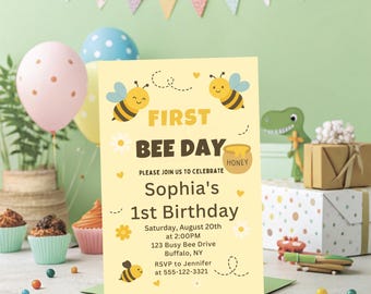 Edytowalne zaproszenie na pierwsze urodziny z okazji Dnia Pszczół | Pierwsze urodziny Bumble Bee | Szablon Canva | Zaproszenie na przyjęcie Honey Bee | Natychmiastowe pobranie