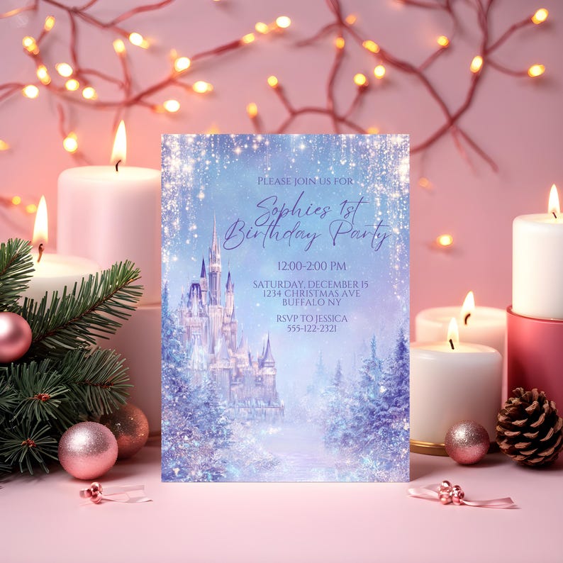 May include: A birthday party invitation with a winter wonderland theme. The invitation features a castle illustration, text that reads "Sophie's 1st Birthday Party", and event details. The background is a soft blue with falling glitter.