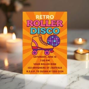 Editable Roller Disco Dance Party Invitation | 70s Theme Printable Invite | Retro Skating 70s Night | Instant Download Canva Template