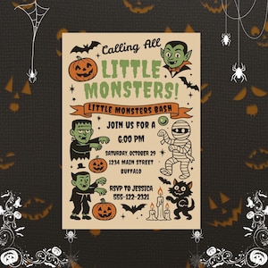 May include: A beige Halloween party invitation featuring green monsters, a mummy, a black cat, pumpkins, and bats. The text reads: Calling All LITTLE MONSTERS! LITTLE MONSTERS BASH JOIN US FOR A 6:00 PM SATURDAY, OCTOBER 29 1234 MAIN STREET BUFFALO RSVP TO JESSICA 555-122-2321.