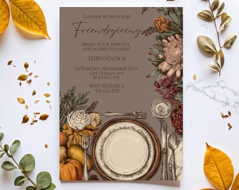 May include: A Friendsgiving invitation with a brown background and floral illustrations. The invitation includes the text "Gather with us for Friendsgiving" and event details. Decorative leaves and pumpkins surround the invitation.
