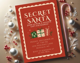 May include: A red Secret Santa invitation with a cream scalloped border, featuring text and festive graphics. The invitation includes details for a gift exchange, date, time, location, and RSVP information. Ornaments and a candy cane surround the invitation.