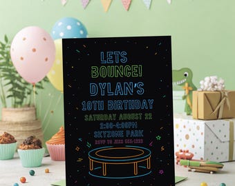 Neon Trampoline Birthday Invitation | Glow Party Bounce House Invite | Editable Digital Download | Kids Jump Park Birthday Template