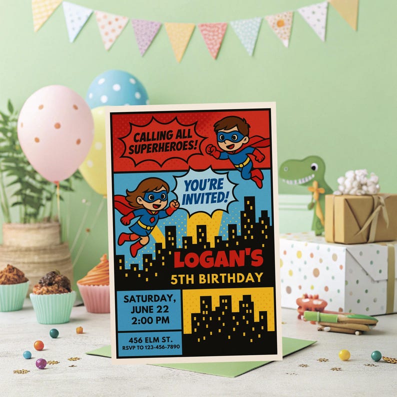 Super Hero Birthday Invitation - Cartoon Super Hero Party - Printable &amp; Editable Canva Template ...