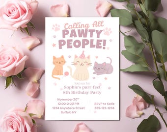 May include: A party invitation with the text "Calling All PAWTY PEOPLE!" and illustrations of three cartoon cats. The invitation is for Sophie's 8th birthday party, with date, time, and location details. Pink roses and petals surround the invitation.