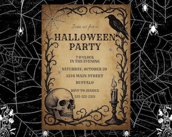 May include: Halloween party invitation with a vintage design. The invitation features a skull, raven, and candle illustrations. Text includes "Join us for a Halloween Party", date, time, address, and RSVP information. The background is black with spiderwebs.
