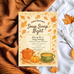 Op de afbeelding: Een herfstachtige uitnodiging voor een Soep Swap Night. Het ontwerp bevat illustraties van een soeppot, een pompoen en bladeren. De tekst luidt "Doe mee voor een Soep Swap Night" met datum, tijd en RSVP-gegevens.